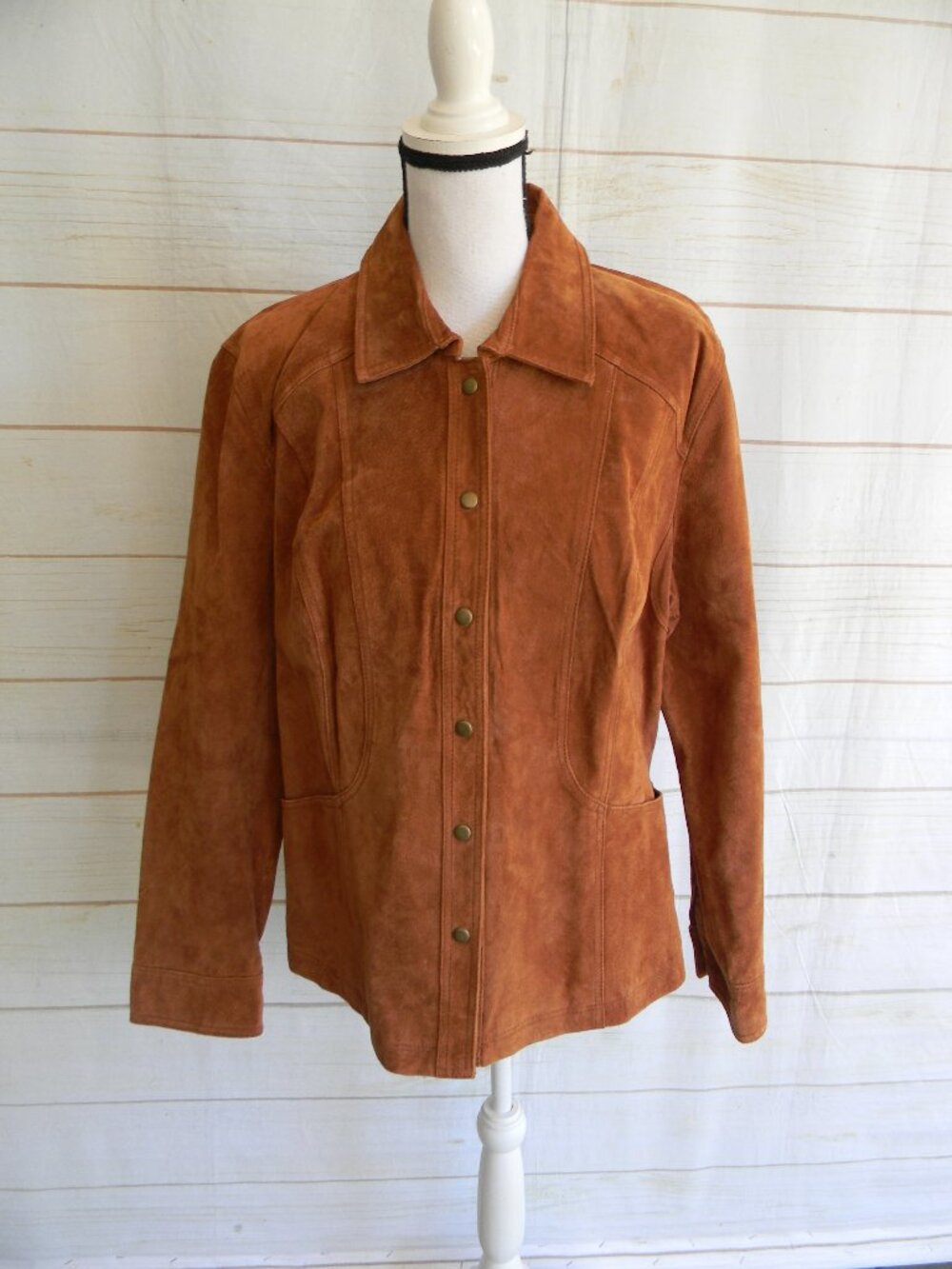 Coldwater Creek Womens Brown Suede Leather Jacket Snap Button Front Collar XL